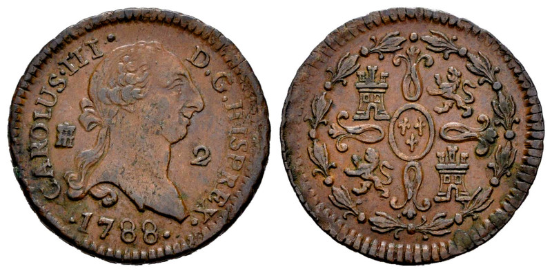 Charles III (1759-1788). 2 maravedis. 1788. Segovia. (Cal-49). Ae. 2,45 g. Choic...