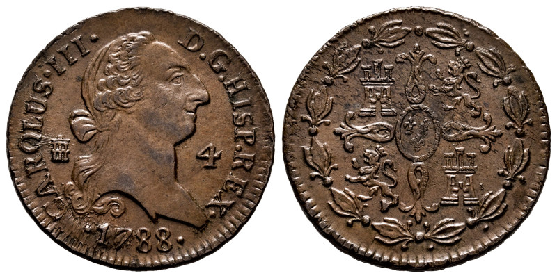 Charles III (1759-1788). 4 maravedis. 1788. Segovia. (Cal-67). Ae. 5,45 g. Scarc...