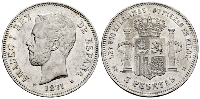 Amadeo I (1871-1873). 5 pesetas. 1871*18-71. Madrid. SDM. (Cal-1). Ag. 24,88 g. ...