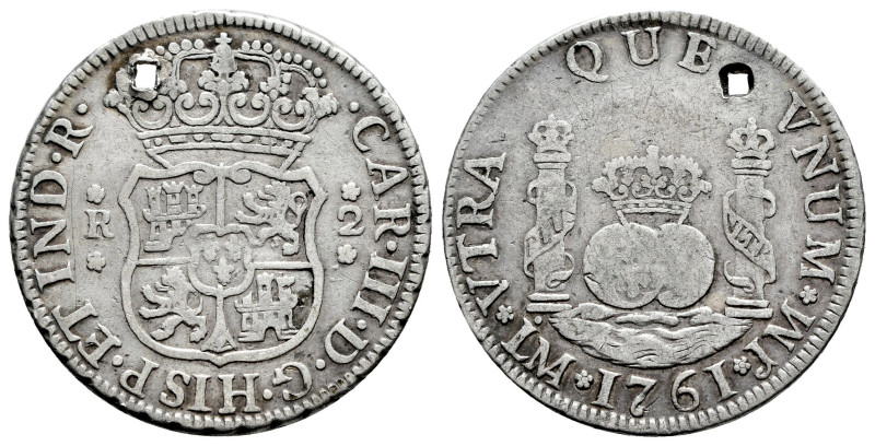 Charles III (1759-1788). 2 reales. 1761. Lima. JM. (Cal-571). Ag. 6,68 g. Holed....