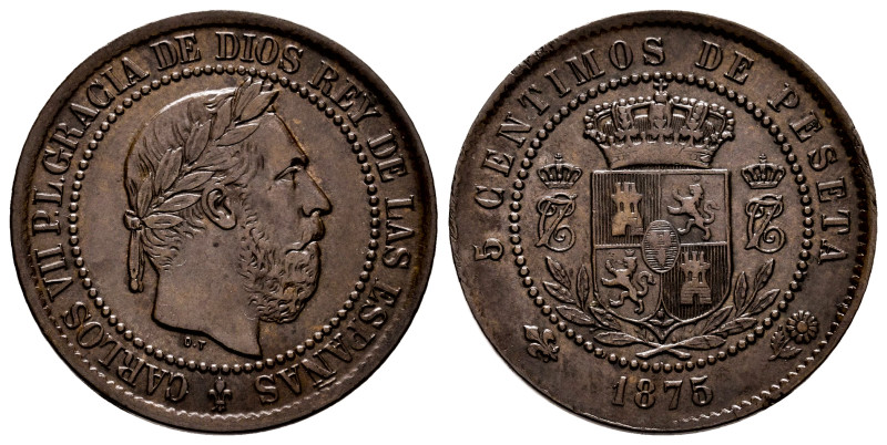 Carlos VII (1872-1876). 5 centimos. 1875. Oñate. (Cal-2). Ae. 5,09 g. Almost XF/...