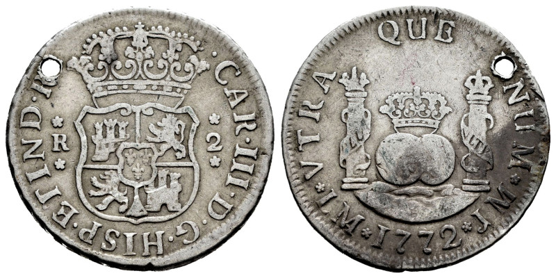 Charles III (1759-1788). 2 reales. 1772. Lima. JM. (Cal-582). Ag. 6,41 g. Holed....