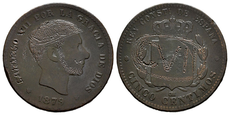 Carlos VII (1872-1876). 5 centimos. 1879. Barcelona. Ae. 4,62 g. Manipulación, c...