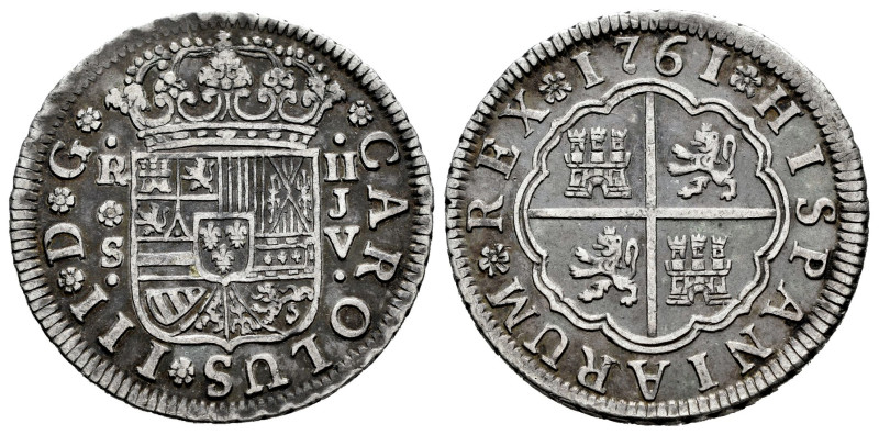 Charles III (1759-1788). 2 reales. 1761. Sevilla. JV. (Cal-773). Ag. 5,62 g. Cho...