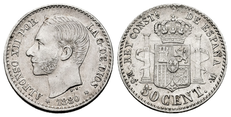 Alfonso XII (1874-1885). 50 centimos. 1880*8-0. Madrid. MSM. (Cal-11). Ag. 2,53 ...