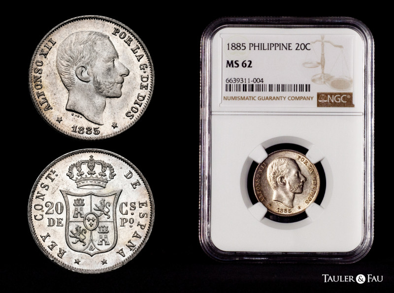 Alfonso XII (1874-1885). 20 centavos. 1885. Manila. (Cal-111). Ag. 5,25 g. Plent...