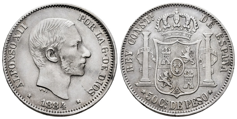 Alfonso XII (1874-1885). 50 centavos. 1884. Manila. (Cal-121). Ag. 13,07 g. Very...