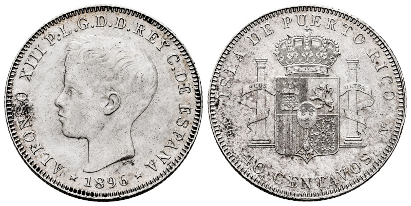 Alfonso XIII (1886-1931). 40 centavos. 1896. Puerto Rico. (Cal-127). Ag. 9,97 g....