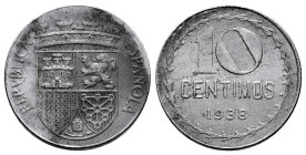 II Republic (1931-1939). 10 centimos. 1938. Madrid. (Cal-9). Fe. 3,68 g. Surface rust on obverse. It retains some luster. Rare. XF/AU. Est...1500,00. ...