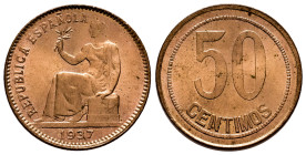 II Republic (1931-1939). 50 centimos. 1937. Madrid. (Cal-27). Ae. 6,00 g. Squared frame. Original luster. Mint state. Est...30,00. 

Spanish Descrip...