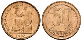 II Republic (1931-1939). 50 centimos. 1937. Madrid. (Cal-28). Ae. 5,99 g. Squared frame. Mint state/Almost MS. Est...35,00. 

Spanish Description: I...