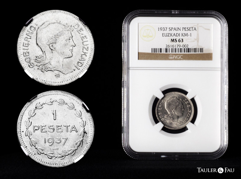 Civil War (1936-1939). 1 peseta. 1937. Euzkadi. (Cal-14). Slabbed by NGC as MS 6...