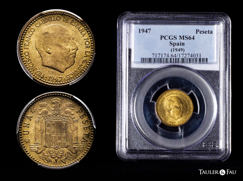 Estado Español (1936-1975). 1 peseta. 1947*19-49. Madrid. (Cal-48). Slabbed by P...