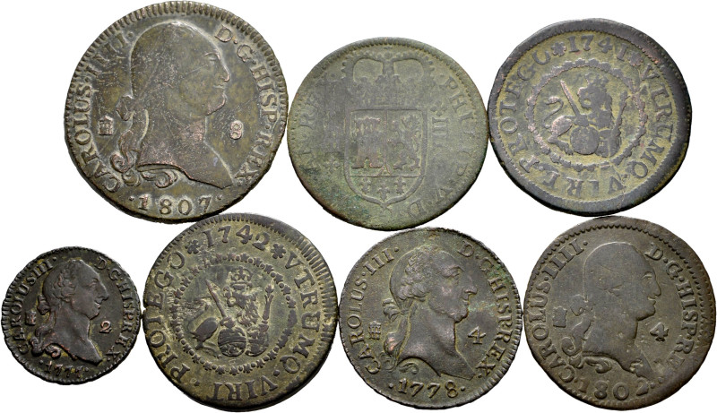 Lot of 7 bronze coins of the Bourbons; Philip V (3), Charles III (2), Charles IV...