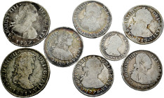 Lot of 8 silver coins of the Spanish monarchy, 2 of 4 reales (1807 Potosi, 1821 Lima), 5 of 2 reales (2 of Lima (1804, 1806), 3 of Potosi (1777, 1783,...