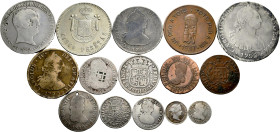 Lot of 15 coins of Spanish Monarchy. Interesting lot containing Fernando VI 2 Reales 1754/3 Mexico M; Carlos III 1/2 Real 1788 Seville C, 1 Real 1766 ...