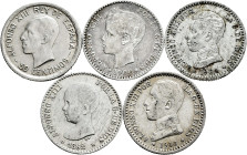 Lot of 5 coins of 50 centimes Alfonso XIII; 1892, 1900, 1904, 1910 and 1926. TO EXAMINE. VF/Almost XF. Est...120,00. 

Spanish Description: Lote de ...