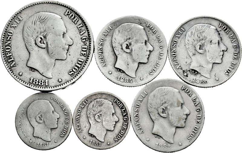 Lot of 6 silver coins from Manila Alfonso XII; 10 centavos 1881 (2), 20 centavos...