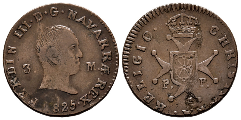 Ferdinand VII (1808-1833). 3 maravedis. 1825. Pamplona. (Cal-48). (Ros-4.11.14)....