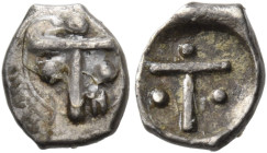 CALABRIA. Tarentum. Circa 450-380 BC. Trias (Silver, 6.5 mm, 0.21 g, 12 h). T surrounded by three pellets; on the lower right, H. Rev. T surrounded by...