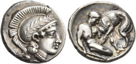 CALABRIA. Tarentum. Circa 380-325 BC. Diobol (Silver, 11 mm, 1.12 g, 4 h). Head of Athena to right, wearing crested Attic helmet adorned with an olive...