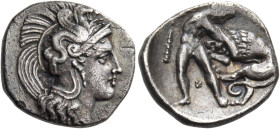 CALABRIA. Tarentum. Circa 380-325 BC. Diobol (Silver, 12 mm, 1.08 g, 12 h). Head of Athena to right, wearing Attic helmet decorated with a hippocamp. ...