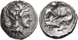 CALABRIA. Tarentum. Circa 325-280 BC. Diobol (Silver, 12 mm, 1.09 g, 12 h). Head of Athena to right, wearing Attic helmet decorated with Skylla hurlin...