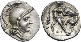 CALABRIA. Tarentum. Circa 280-228 BC. Diobol (Silver, 13 mm, 1.02 g, 3 h). Head of Athena to right, wearing crested Attic helmet. Rev. [TAPANTIN] Hera...