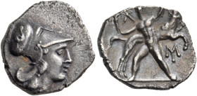 CALABRIA. Tarentum. Circa 280-228 BC. Diobol (Silver, 12 mm, 1.01 g, 7 h). Head of Athena to right, wearing a Corinthian helmet decorated with a coile...