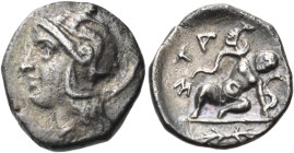 CALABRIA. Tarentum. Circa 280-228 BC. Diobol (Silver, 11.5 mm, 0.99 g, 5 h). Head of Athena to left, wearing crested Attic helmet decorated with Skyll...