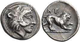LUCANIA. Herakleia. Circa 432-420 BC. Diobol (Silver, 12 mm, 1.14 g, 3 h). Lightly bearded head of Herakles to right, wearing lion's skin headdress. R...