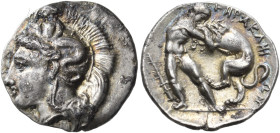 LUCANIA. Herakleia. Circa 420/15-390 BC. Diobol (Silver, 12 mm, 1.04 g, 12 h). Head of Athena to left, wearing a crested Attic helmet adorned with Sky...