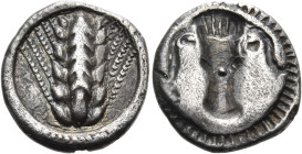 LUCANIA. Metapontum. Circa 470-440 BC. Triobol (Silver, 12 mm, 1.30 g, 6 h). Six-grained ear of barley; cable border. Rev. Facing bull's head, incuse;...