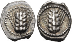 LUCANIA. Metapontum. Circa 440-430 BC. Obol (Silver, 10 mm, 0.50 g, 6 h). Five-grained ear of barley; border of dots. Rev. Six- and five-grained ear o...