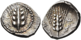 LUCANIA. Metapontum. Circa 440-430 BC. Obol (Silver, 8.5 mm, 0.51 g, 12 h). ME Four-grained ear of barley; border of dots. Rev. ME-TA ( retrograde ) F...