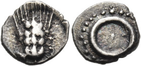 LUCANIA. Metapontum. Circa 440-430 BC. Obol (Silver, 7.5 mm, 0.43 g). Grain ear. Rev. Ο (= Οβολός ) within a circle of dots. HGC 1, 1090. HN III 1503....