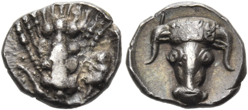 LUCANIA. Metapontum. Circa 440-430 BC. Obol (Silver, 8 mm, 0.39 g, 7 h). Four-gr...