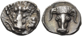 LUCANIA. Metapontum. Circa 440-430 BC. Obol (Silver, 8 mm, 0.39 g, 7 h). Four-grained ear of barley; in field to right, ant (?) or mule's head (??); b...