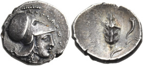 LUCANIA. Metapontum. Circa 325-275 BC. Diobol (Silver, 12 mm, 1.19 g, 7 h). ΜΕΤΑΠΟ-ΝΤΙ Head of Athena to right, wearing a Corinthian helmet with a lon...