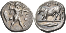 LUCANIA. Poseidonia. Circa 445-420 BC. Diobol (Silver, 12 mm, 1.18 g, 1 h). POM ( retrograde ) Poseidon advancing to right, wielding a trident held in...