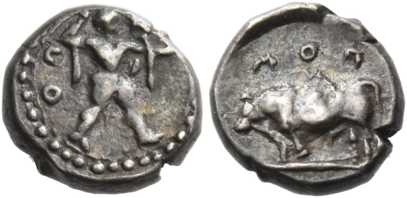 LUCANIA. Poseidonia. Circa 445-420 BC. Obol (Silver, 7 mm, 0.42 g, 3 h). ΠΟ Pose...