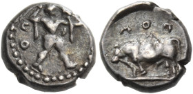 LUCANIA. Poseidonia. Circa 445-420 BC. Obol (Silver, 7 mm, 0.42 g, 3 h). ΠΟ Poseidon advancing right, chlamys draped over shoulder, wielding trident i...