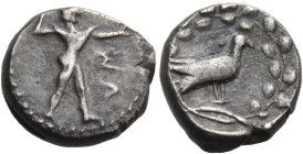 LUCANIA. Sybaris III. 453-448 BC. Triobol (Silver, 10 mm, 1.16 g, 3 h). MV ( retrograde ) Poseidon advancing to right, chlamys draped over his shoulde...