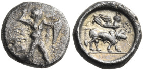 LUCANIA. Sybaris III. Circa 453-448 BC. Triobol (Silver, 9 mm, 0.98 g, 1 h). MV Poseidon advancing to right, wielding a trident held in his upraised r...