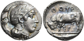 LUCANIA. Thourioi. Circa 443-400 BC. Triobol (Silver, 11.5 mm, 1.16 g, 10 h). Head of Athena to right, wearing crested Attic helmet decorated with an ...