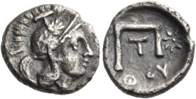 LUCANIA. Thourioi. Circa 300-280 BC. Pentetetartemorion (Silver, 8.5 mm, 0.42 g, 8 h). Head of Athena to right, wearing crested Attic helmet decorated...