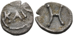 BRUTTIUM. Kaulonia. Circa 400-389/8 BC. Hemiobol (Silver, 7 mm, 0.13 g, 1 h). KAVΛ across the field; linear border. Rev. Large H. HGC 1, 1438 = HN III...