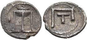 BRUTTIUM. Kroton. Circa 375-325 BC. Pentetetartemorion (Silver, 10 mm, 0.43 g, 10 h). Κ - [Ρ] Tripod with high neck. Rev. &#65864; (= PenteTetartemori...