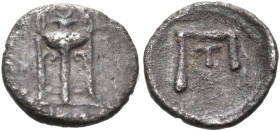 BRUTTIUM. Kroton. Circa 375-350 BC. Pentetetartemorion (Silver, 8 mm, 0.32 g, 7 h). Κ - [Ρ] Tripod with tall handles and a high neck. Rev. &#65864;. H...