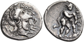 BRUTTIUM. Kroton. Circa 300-250 BC. Diobol (Silver, 12 mm, 1.18 g, 12 h). ΚΡΟΤΩΝΙΑ-ΤΑ[Ν] Head of Athena to right, wearing crested Corinthian helmet. R...